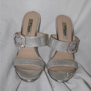 Nina New York Rhinestone Buckle Heels – Silver Sparkle Slip-On ✨